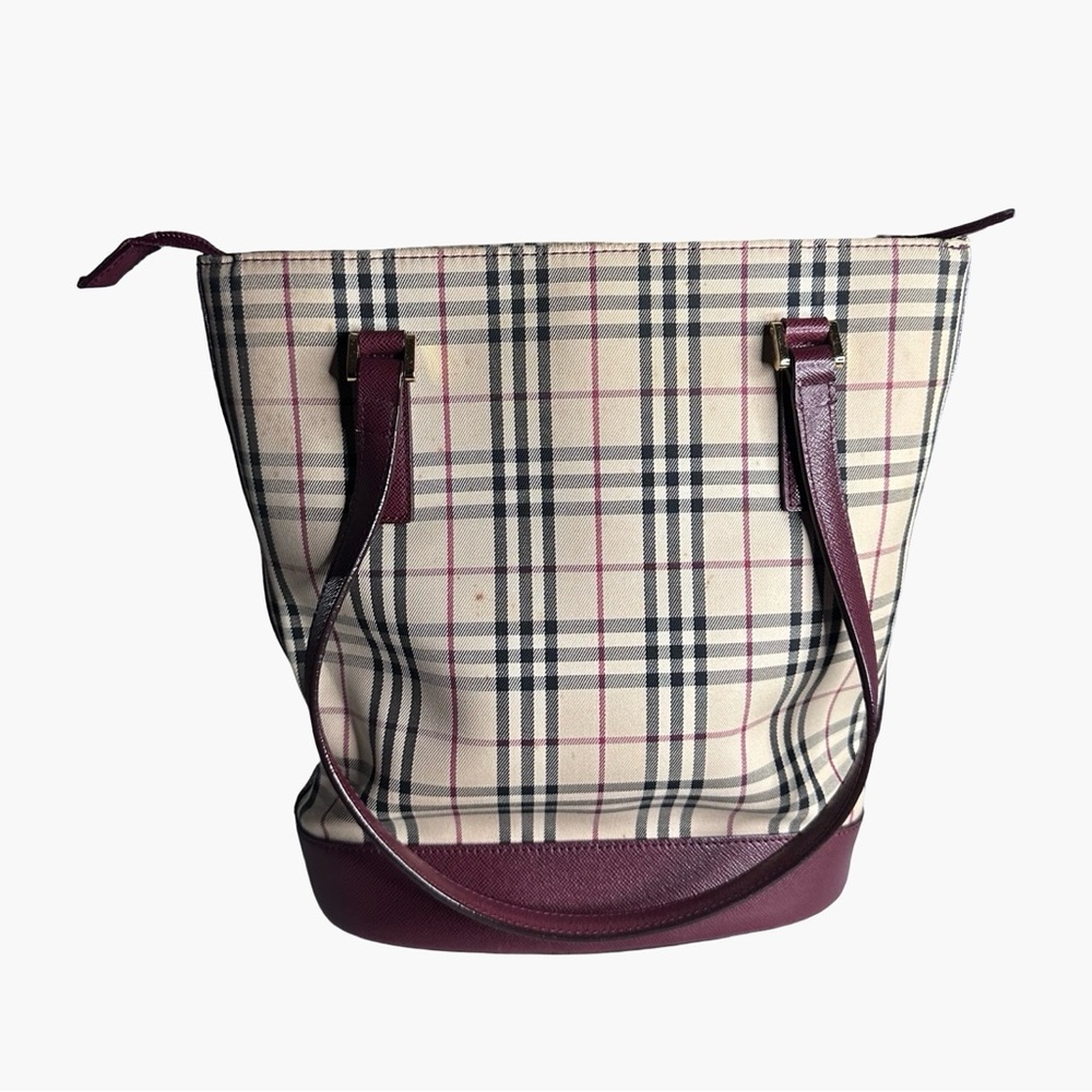 BURBERRY zip top nova check tote - leather handles and trim - pre loved vintage - Picture 5 of 13